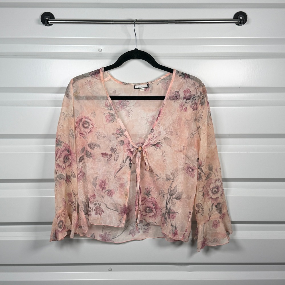 Believe Womens Pink Floral Sheer Tie Front Bell Sleeve Cardigan Shrug Size 12